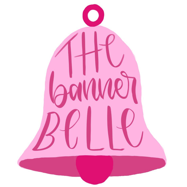 Pink bell-shaped logo with 'The Banner Belle' text on a white background